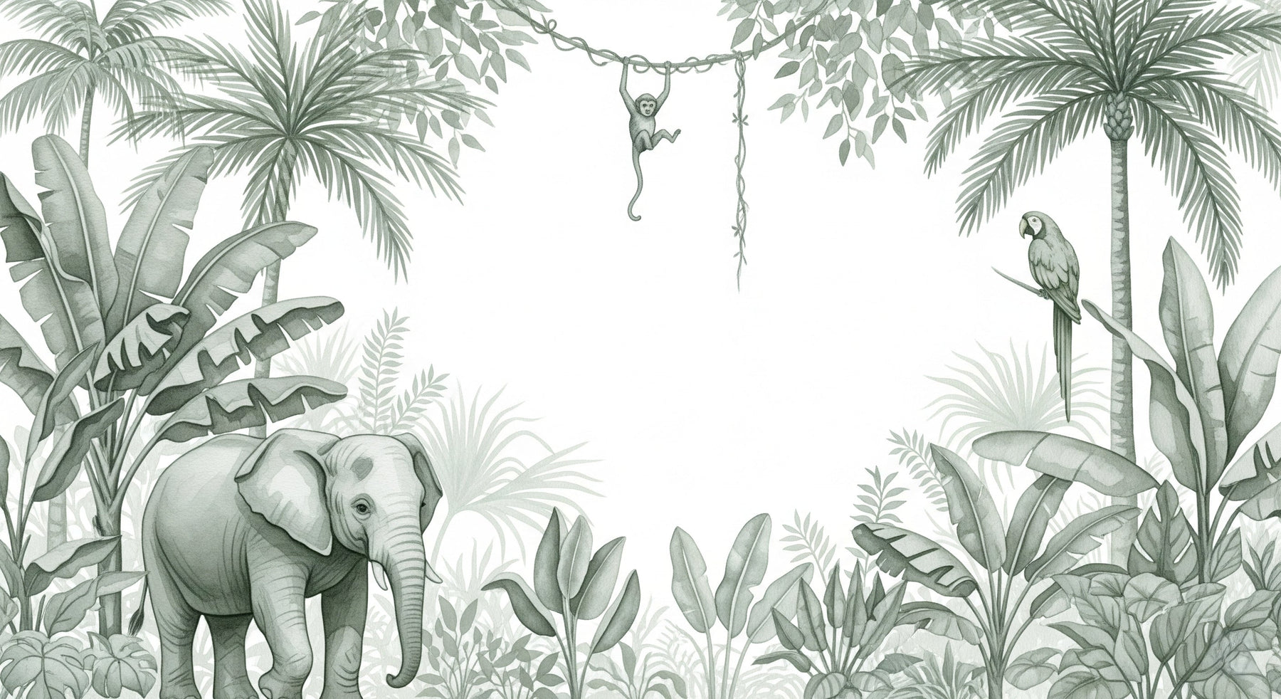 Detailed safari animals mural wallpaper design pattern with elephant and monkey by Kids-Mundo