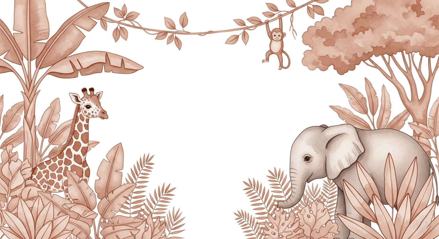 Detailed safari animals mural wallpaper design pattern featuring giraffe elephant monkey by Kids-Mundo