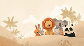 Detailed safari animals mural wallpaper design pattern showing lion, panda, koala and rabbits by Kids-Mundo