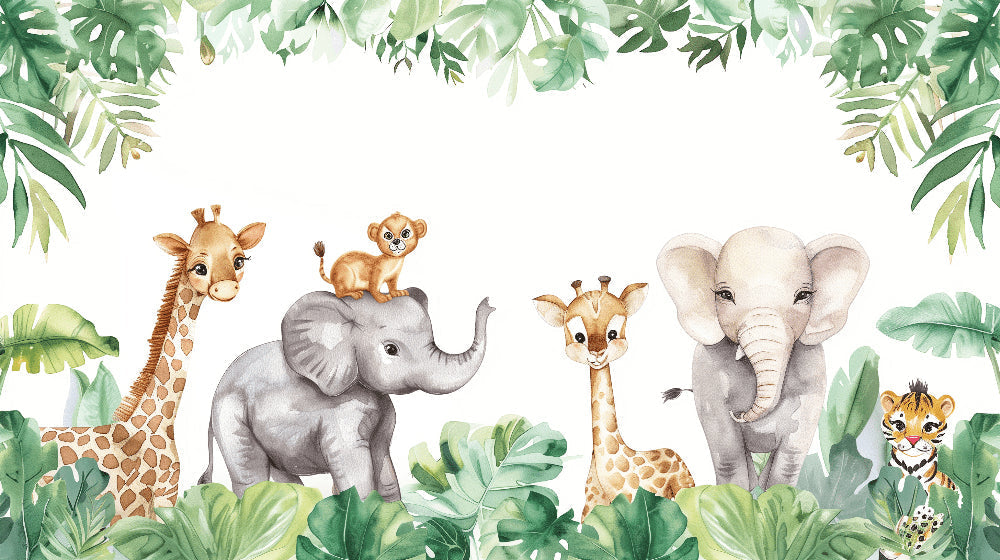 Detailed safari animals and tropical foliage mural wallpaper design pattern by Kids-Mundo