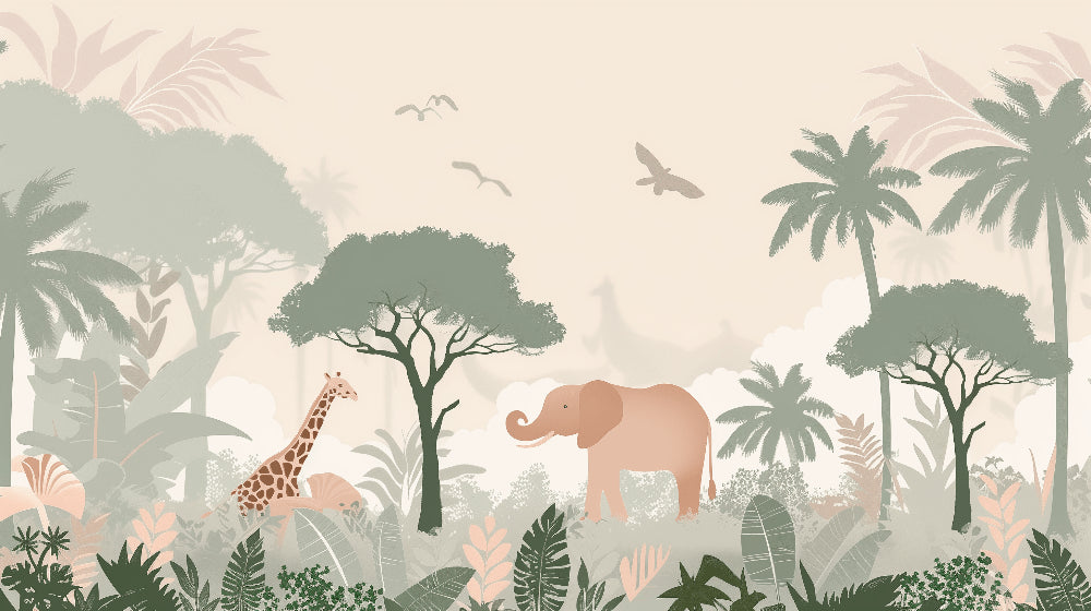 Detailed pastel safari animals mural wallpaper design pattern with elephants and giraffes by Kids-Mundo