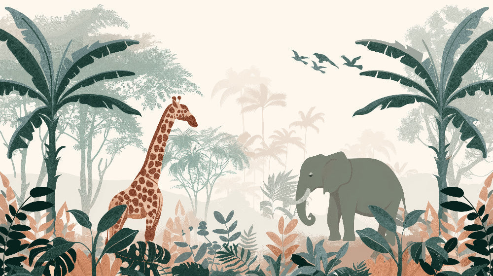 Detailed safari animals mural wallpaper design pattern with giraffes and elephants by Kids-Mundo