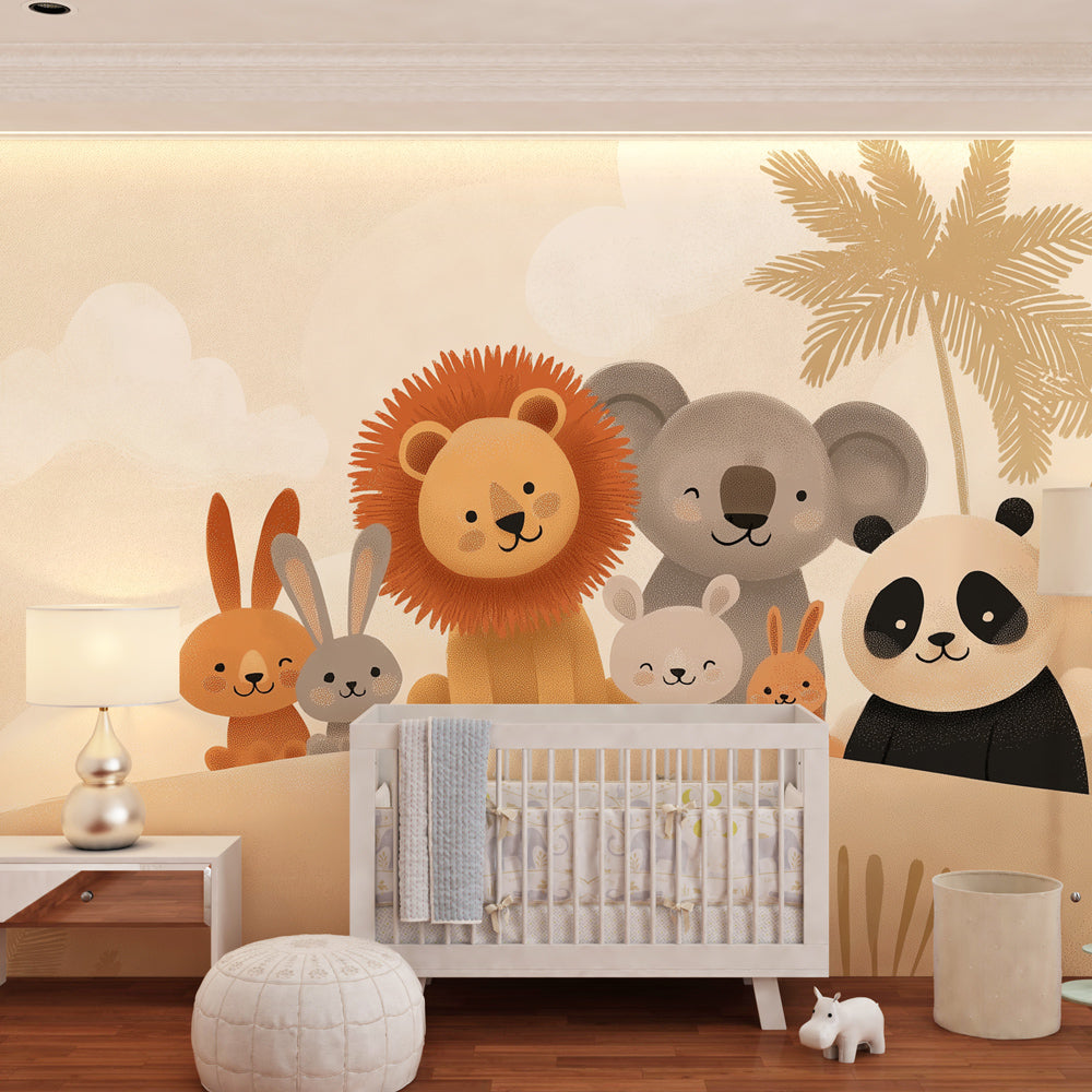 Adorable safari wildlife mural wallpaper transforming children's bedroom with beige palm tree design
