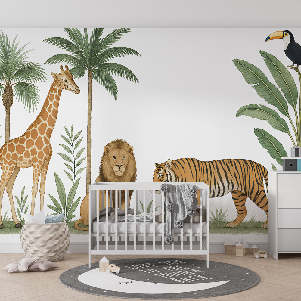 Savanna wildlife wallpaper creating adventurous kids bedroom with natural decor
