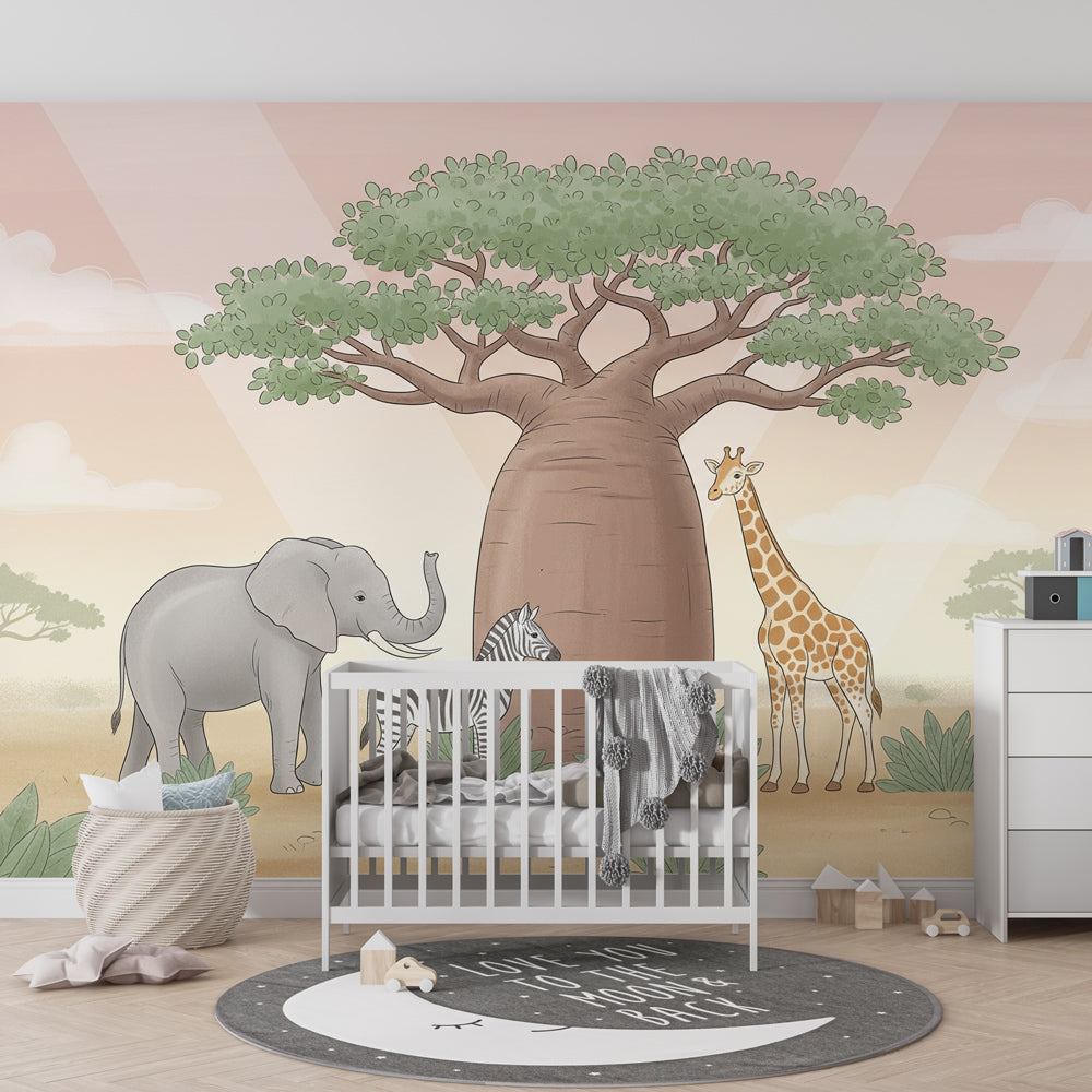 African safari themed mural wallpaper creating adventure atmosphere in children's bedroom