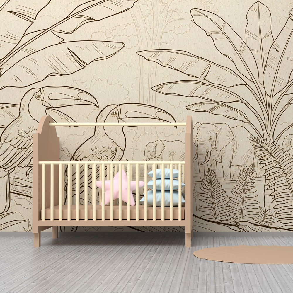 Tropical wildlife wallpaper creating adventure-themed children's bedroom decor
