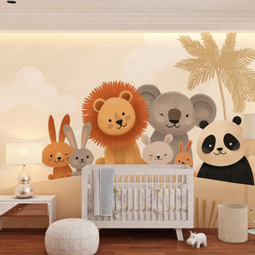 Adorable safari wildlife mural wallpaper transforming children's bedroom with beige palm tree design