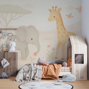 Elephant giraffe garden wallpaper creating peaceful atmosphere in children's bedroom decor