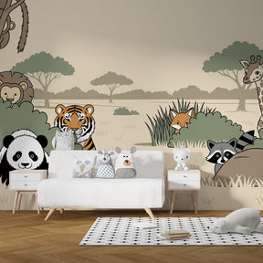 Wild safari wallpaper creating adventurous children's bedroom with beige and green animal theme