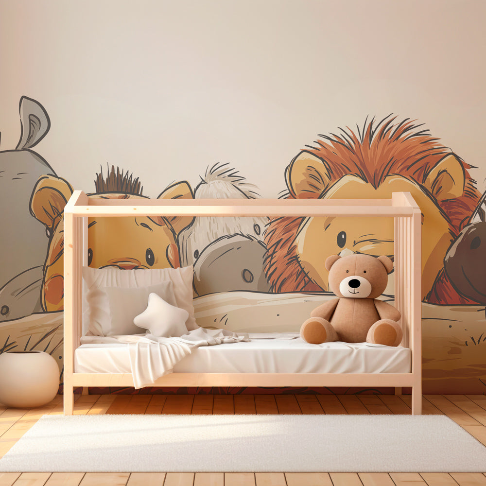 Children's bedroom featuring safari animals wallpaper with gentle zebra and hippo characters