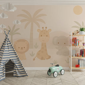 Cute savanna animals wallpaper creating peaceful children's bedroom decor with neutral tones