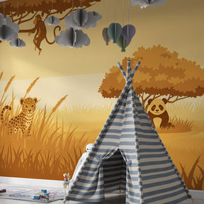 Golden savanna animal wallpaper transforming children's bedroom into adventure space