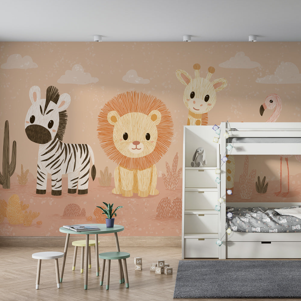 Colorful savanna animals wallpaper creating playful children's bedroom decor with beige pink tones