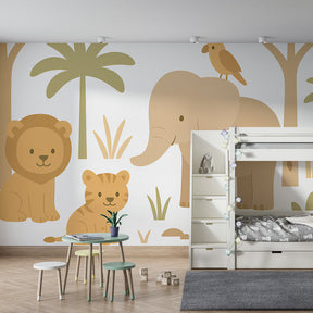 Playful wildlife wallpaper creating safari themed children's bedroom with wooden furniture