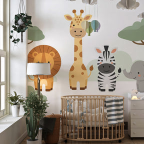 Happy savanna animals wallpaper creating playful children's bedroom decor with natural wood furniture