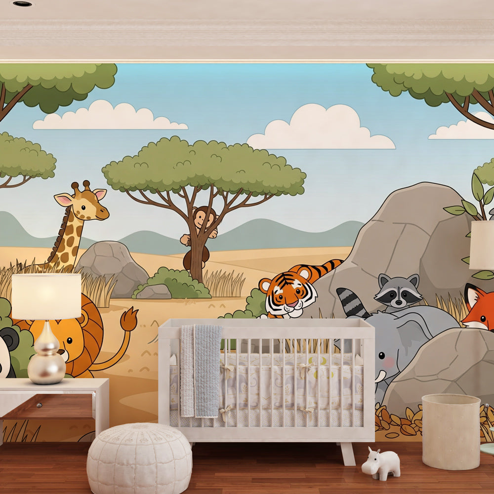 Children's bedroom featuring safari adventure mural wallpaper with playful animals