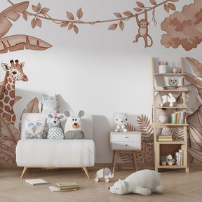 Jungle themed mural wallpaper creating adventurous children's bedroom decor with natural tones