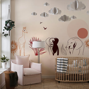 Delicate line art safari animals wallpaper creating peaceful atmosphere in toddler room