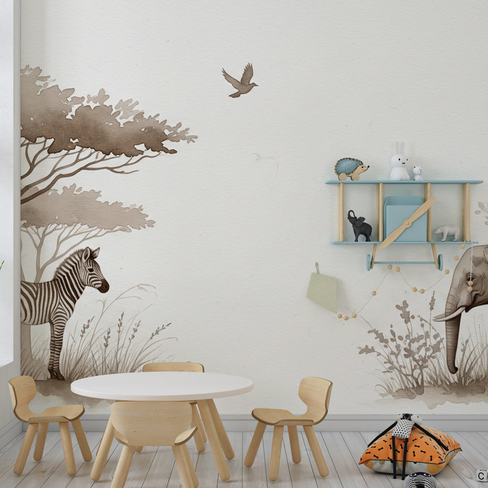 African safari mural wallpaper transforming kids room with neutral elephant zebra theme