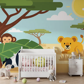 Safari-themed mural wallpaper with monkey and tropical trees for kids room decor by Kids-Mundo