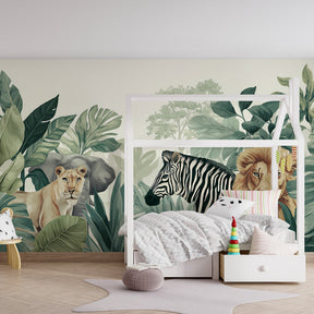 Tropical animal wallpaper featuring lions and zebra in lush green kids room setting