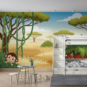 Children's safari wallpaper with zebra monkey and fox in decorated playroom setting