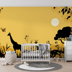 Safari wildlife wallpaper for children's room featuring graceful animals and botanical elements