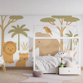 Safari themed mural wallpaper for toddler room featuring gentle animals and tropical trees