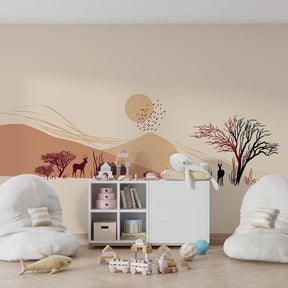 Beige terracotta safari mural wallpaper with deer silhouettes in kids room setting