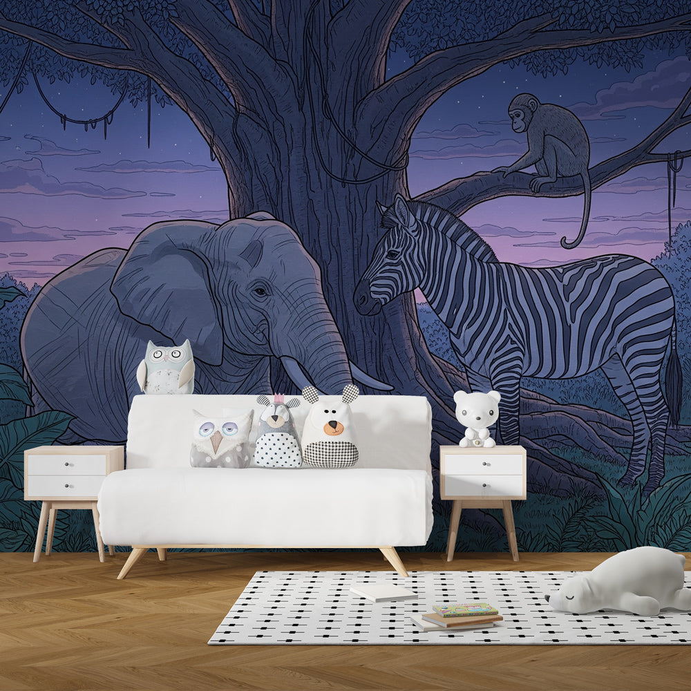 Safari animal wall mural with elephant zebra monkey in modern kids room by Kids-Mundo