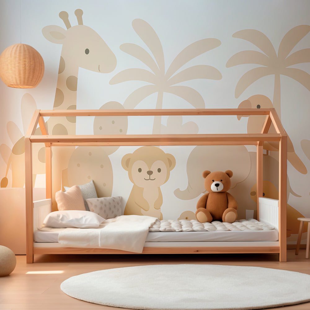 Gentle safari animals wallpaper with pastel colors for calming kids room atmosphere
