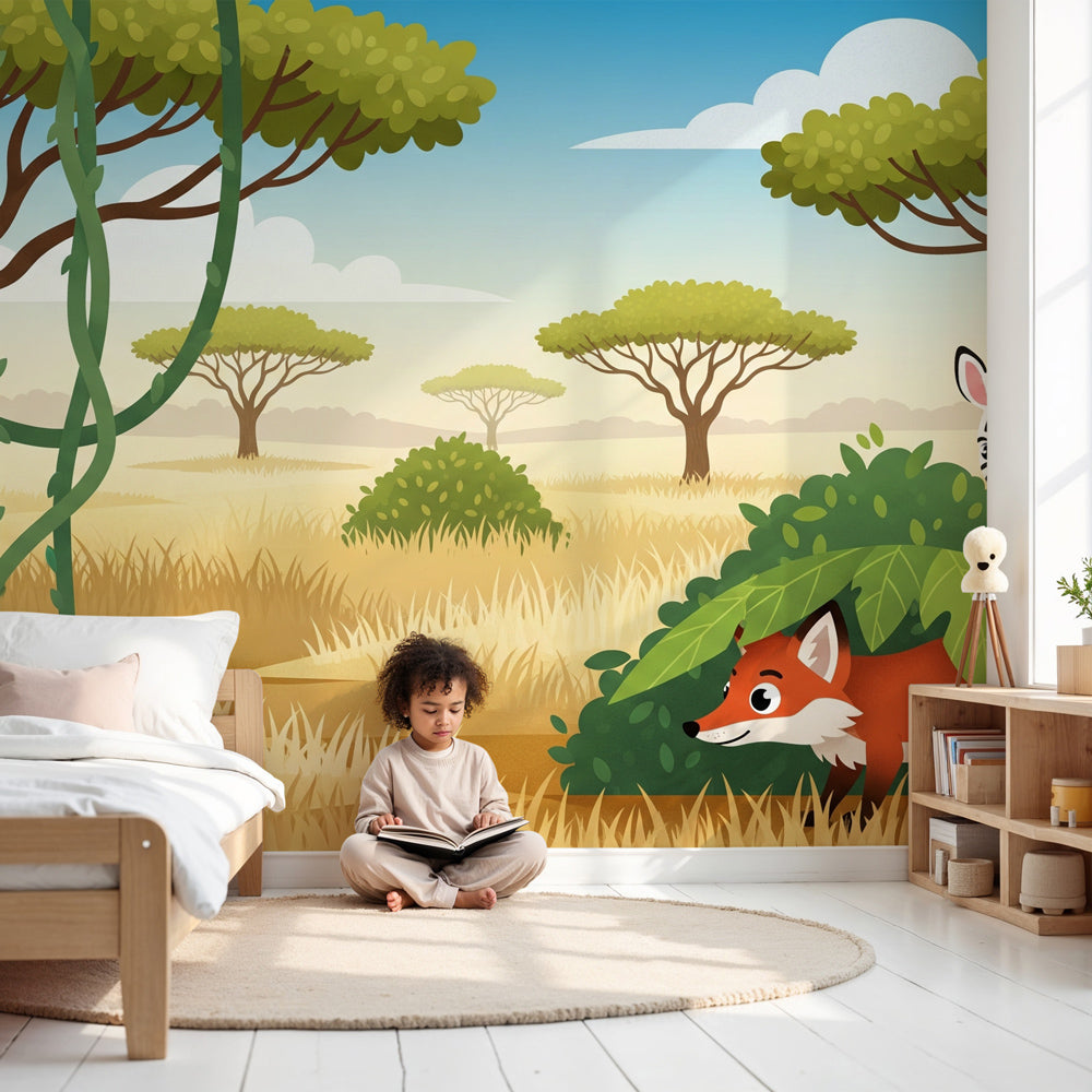 Safari animals mural wallpaper with monkey and fox in modern nursery room by Kids-Mundo