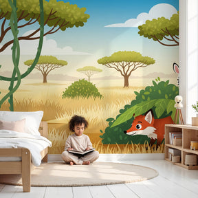 Safari animals mural wallpaper with monkey and fox in modern nursery room by Kids-Mundo