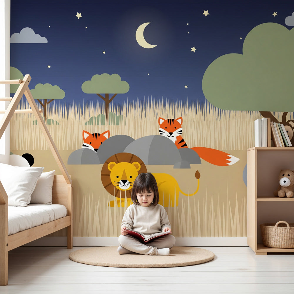 Safari animals mural wallpaper in modern nursery with soft starlit savanna scene by Kids-Mundo