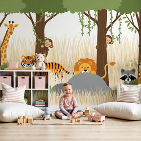 Safari animals mural wallpaper in modern kids nursery with jungle theme by Kids-Mundo