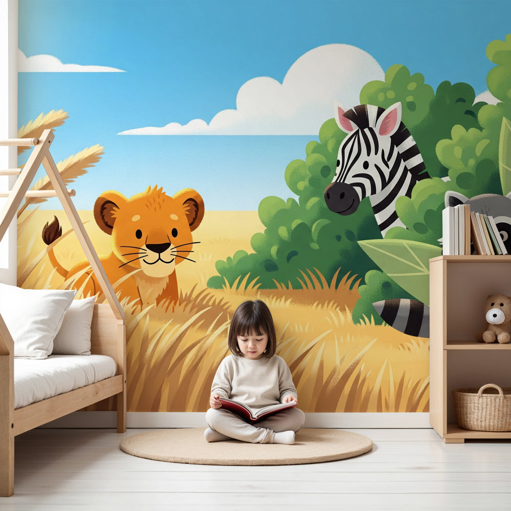 Safari animals mural wallpaper featuring lion, zebra and raccoon in modern nursery by Kids-Mundo