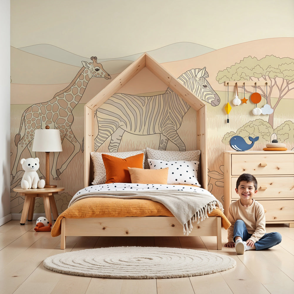 Safari animals mural wallpaper with giraffe and zebra in peaceful nursery setting by Kids-Mundo