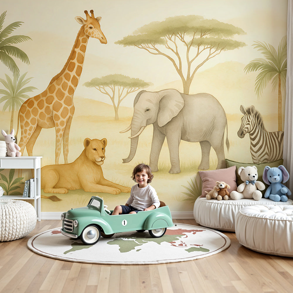 Safari animals mural wallpaper with giraffes and elephants in modern nursery by Kids-Mundo