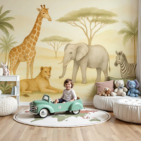 Safari animals mural wallpaper with giraffes and elephants in modern nursery by Kids-Mundo