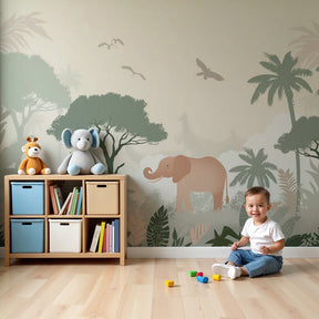 Safari animals mural wallpaper with pastel elephants and giraffes in modern nursery by Kids-Mundo