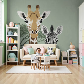 Safari animals mural wallpaper with giraffe and zebra in sage-green nursery by Kids-Mundo