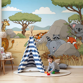 Safari animals mural wallpaper in bright nursery with wooden crib by Kids-Mundo