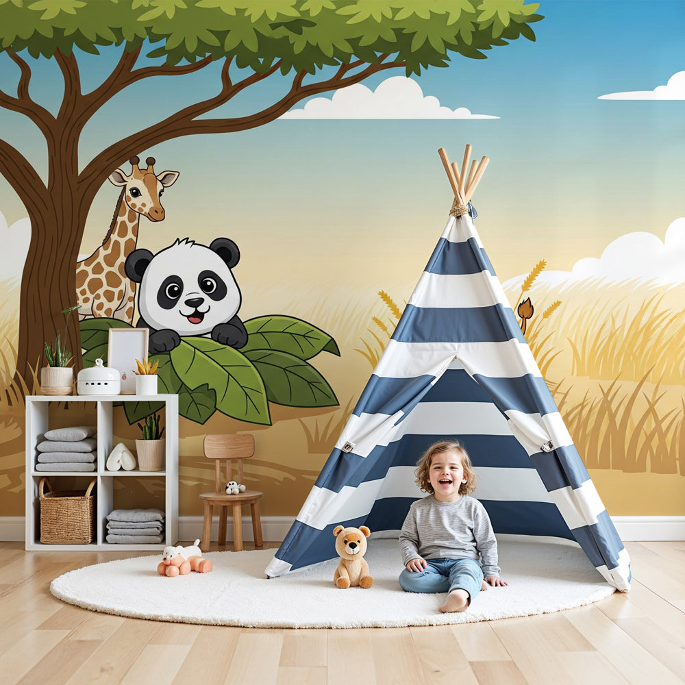 Safari animals mural wallpaper creating adventure-themed nursery with panda and lion cub by Kids-Mundo