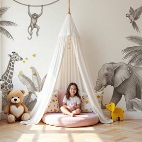 Safari animals mural wallpaper with giraffe and elephant in modern nursery room by Kids-Mundo
