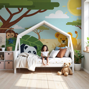 Safari animals mural wallpaper creating adventure-themed nursery with panda and lion by Kids-Mundo