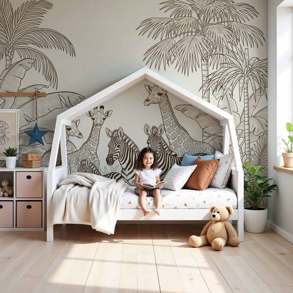 Safari animals mural wallpaper with giraffes and zebras in modern nursery room by Kids-Mundo