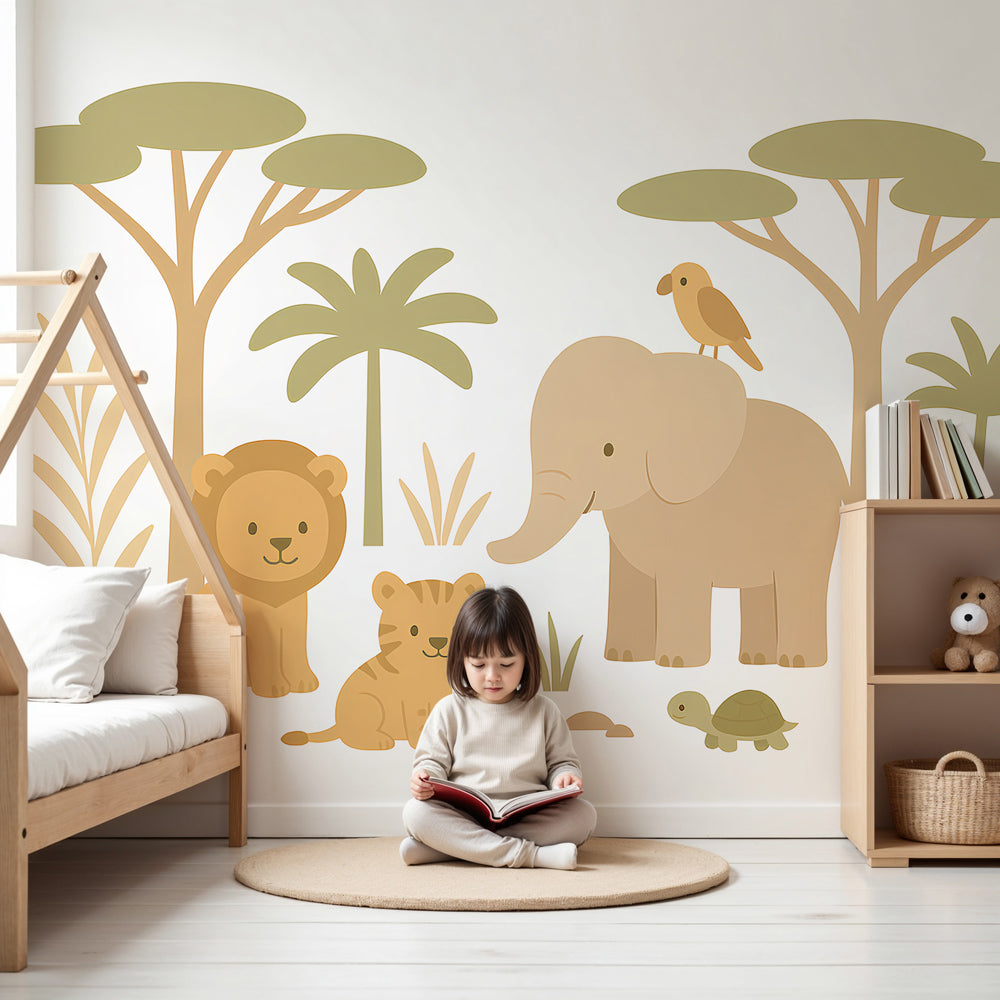 Safari animals mural wallpaper with elephant and lions in modern nursery by Kids-Mundo