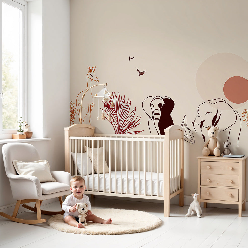 Safari animals mural wallpaper with elephants and giraffe in modern nursery by Kids-Mundo