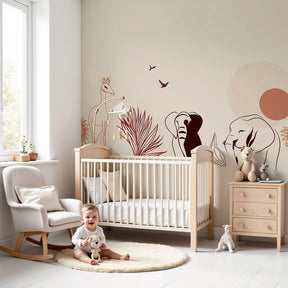 Safari animals mural wallpaper with elephants and giraffe in modern nursery by Kids-Mundo