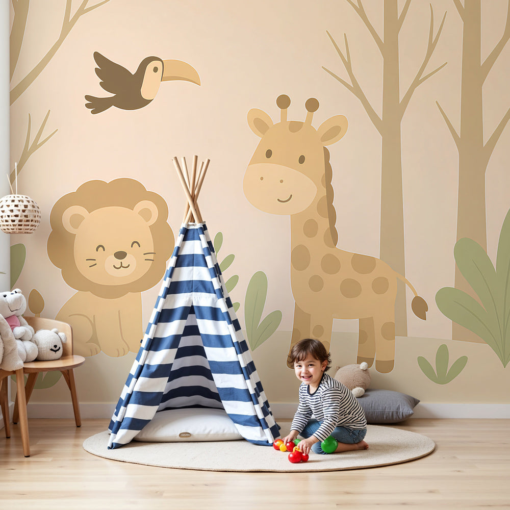 Safari animals mural wallpaper with lion and giraffe in modern nursery room by Kids-Mundo